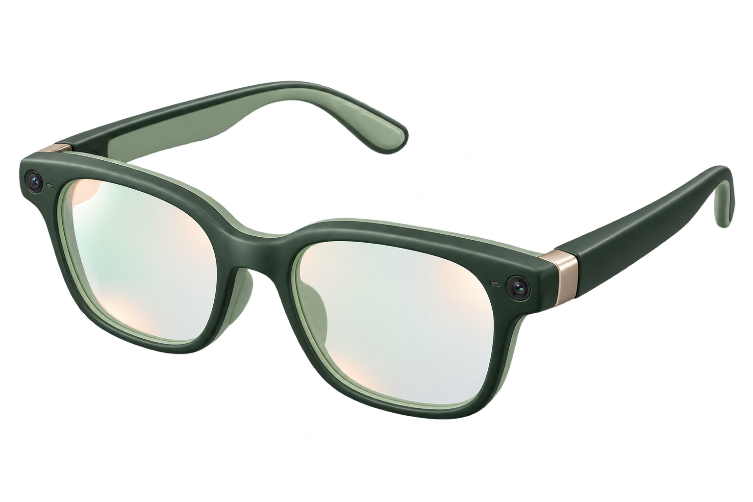 Forest-green augmented reality glasses with clear mint lenses, floating in a playful product illustration